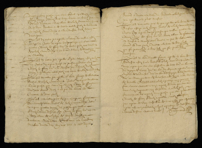 Biens et droits. - Commanderies de Biches et de Mougues (commune de Parigny-les-Vaux), arpentage d'héritages : procès-verbal d'expertise du domaine de Biches (16 octobre 1653), procès-verbal de visite de Mougues (15 avril 1654).