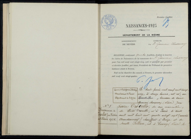 Saint-Germain-Chassenay : actes d'état civil.