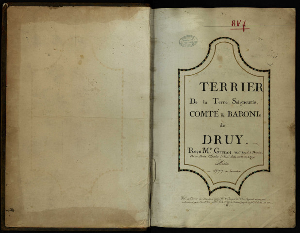 Fief de Druy : terrier reçu par Grenot, notaire à Decize, avec table nominative.