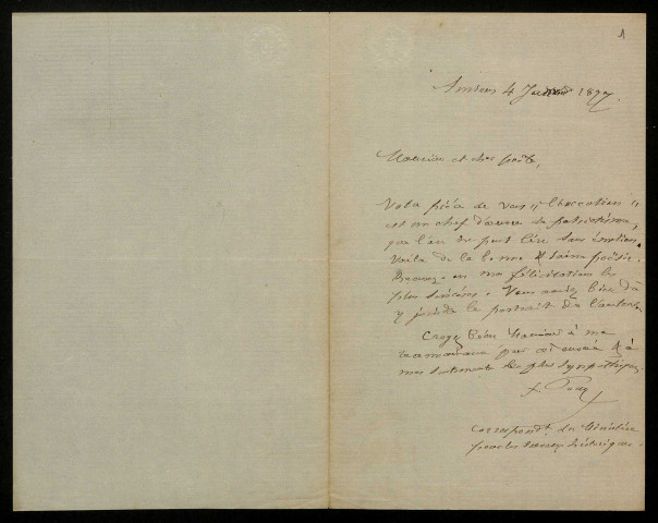 POUY (Ferdinand), historien à Amiens : 1 lettre.