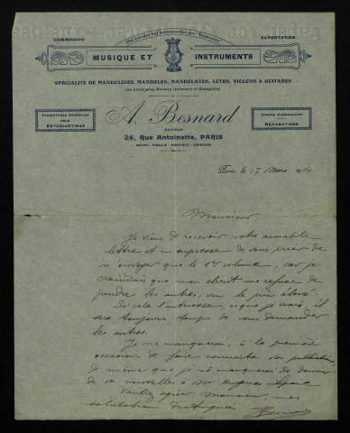 BESNARD (A.), éditeur de musique à Paris : 4 lettres.