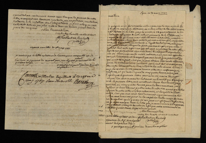 Couvent de Moulins-Engilbert, consignation au greffe de la correspondance passive du père de Lyon, franciscain à Thiers (département du Puy-de-Dôme) : acte de dépôt (21 mai 1747), lettres reçues du provincial de Lyon (département du Rhône) (mars 1747).
