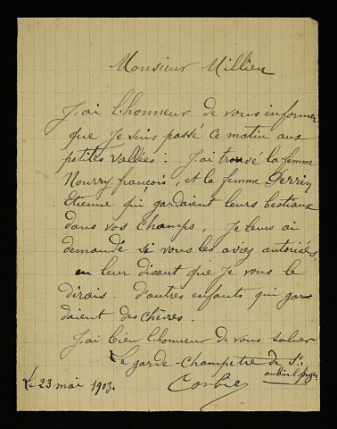 CORBIER (Jacques), garde-champêtre à Saint-Aubin-les-Forges (Nièvre) : 1 lettre.