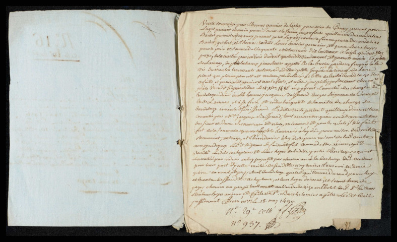 Féodalité. - Foncier (plottes de Lamenay), vente par Thomas Garnier : quittance d'investiture en faveur de Durant dit Bardet (pièce parchemin) (mai 1490), note analytique et transcription (deux pièces papier) [XVIIIe siècle].