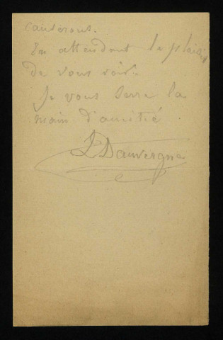 DAUVERGNE (Louis), peintre à Saint-Saulge (Nièvre) (1828-1899) : 1 lettre.