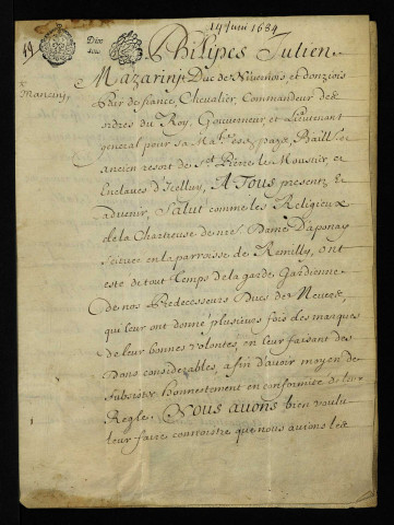 Bénéfices ecclésiastiques. - Justice particulière haute et moyenne d'Apponay (commune de Rémilly), donation aux religieux par le duc de Nevers : mandement signé Mancini-Mazarini.