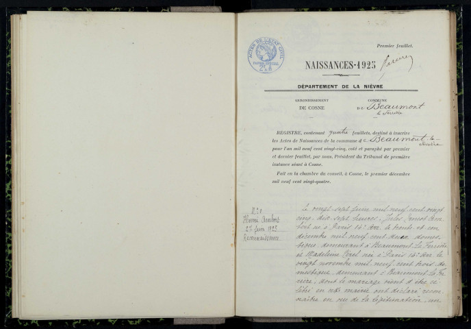 Beaumont-la-Ferrière : actes d'état civil.