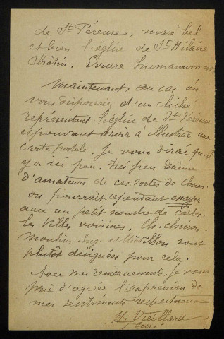 VIELLARD (H.), curé de Saint-Péreuse (Nièvre) : 1 lettre.