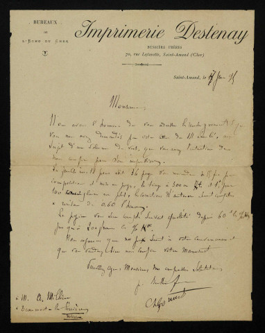 DESTENAY, imprimeur à Saint-Amand-Montrond (Cher) : 1 lettre.