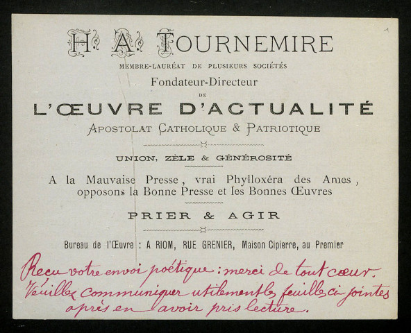 TOURNEMIRE (H. A.), publiciste à Paris : 1 prospectus.