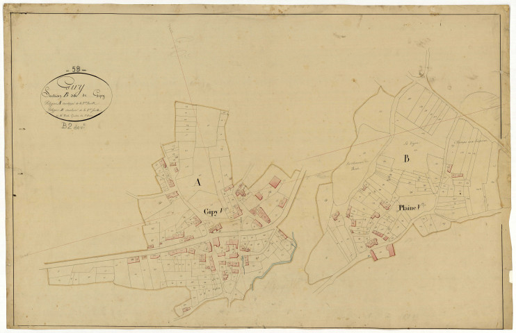 Giry, cadastre ancien : plan parcellaire de la section A dite des Bois de Giry, feuille 2, et de la section B dite de Gipy, feuille 8, développement