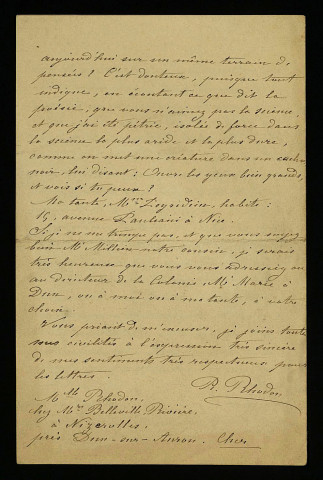 RHODON (Rachel), cousine d'Achille Millien, à Dun-sur-Auron (Cher) : 1 lettre.