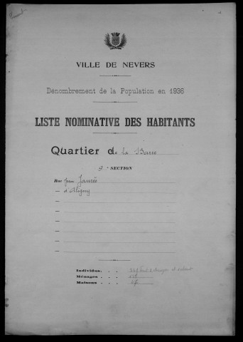 Nevers, Quartier de la Barre, 9e section : recensement de 1936