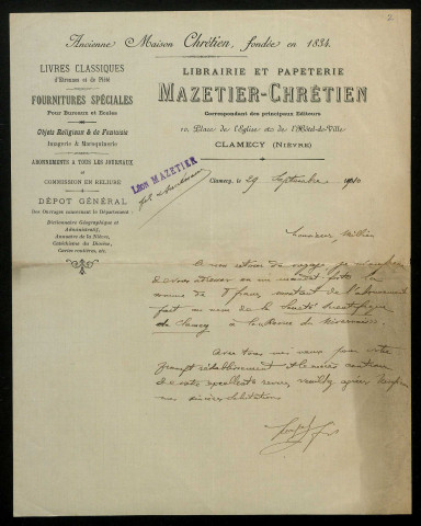 MAZETIER (Léon), libraire à Clamecy, directeur du Clamecyois : 5 lettres.