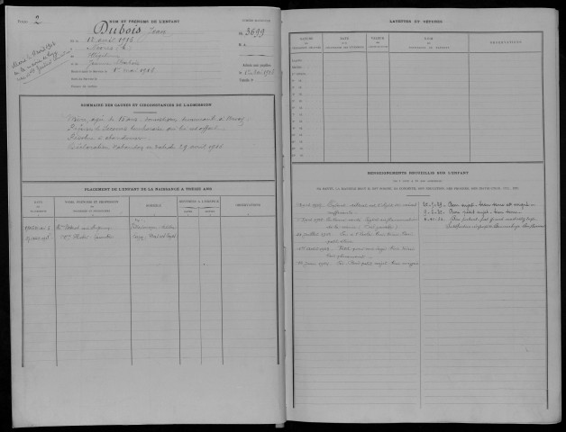 Enfants abandonnés, admission de 1916 à 1918 : registre matricule des n° 3698 à 3898.