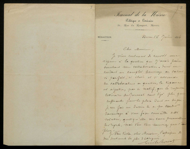 HERVET (Émile), critique au Journal de la Nièvre à Nevers : 5 lettres.
