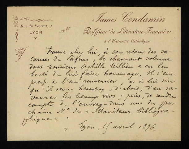 CONDAMIN (James), professeur à Lyon (1844-1929) : 1 lettre.