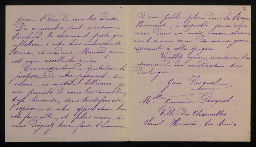 PASQUET (Germaine), à Saint-Honoré-les-Bains (Nièvre) : 1 lettre.