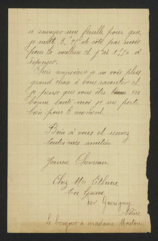 CHEVREAU (Jeanne), au Greux, commune d'Urzy (Nièvre) : 1 lettre.