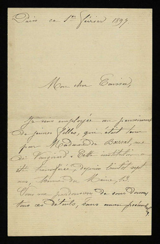 MILLIEN (Th.), cousine d'Achille Millien, domestique à Paris : 4 lettres.