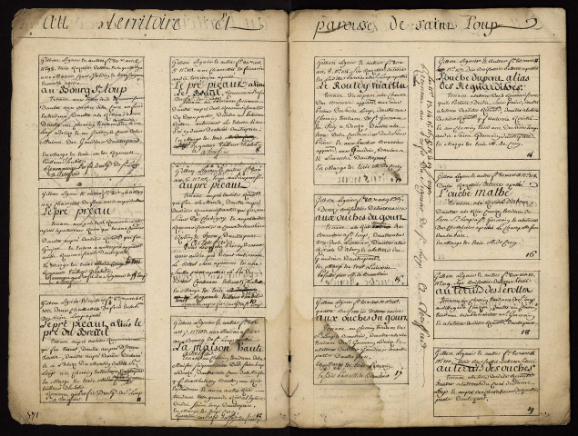Tenures personnelles à Decize et ses environs : terrier figuratif, liste des reconnaissances des terres du lieu Perot en la paroisse Saint-Aré de Decize.