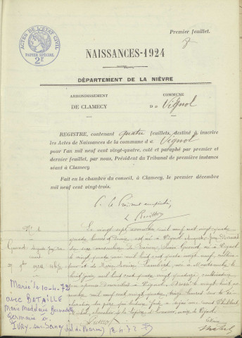 Vignol : actes d'état civil.