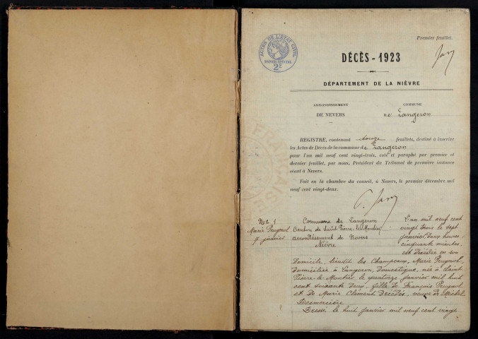 Langeron : actes d'état civil.