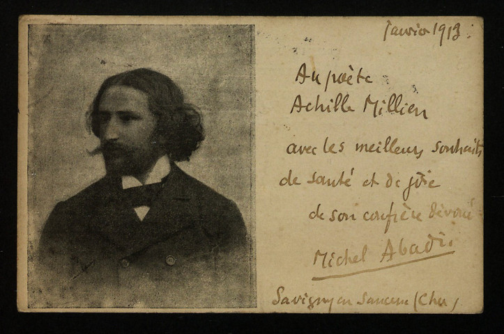 ABADIE (Michel), poète et instituteur (1866-1922): 1 lettre, 1 carte postale illustrée.