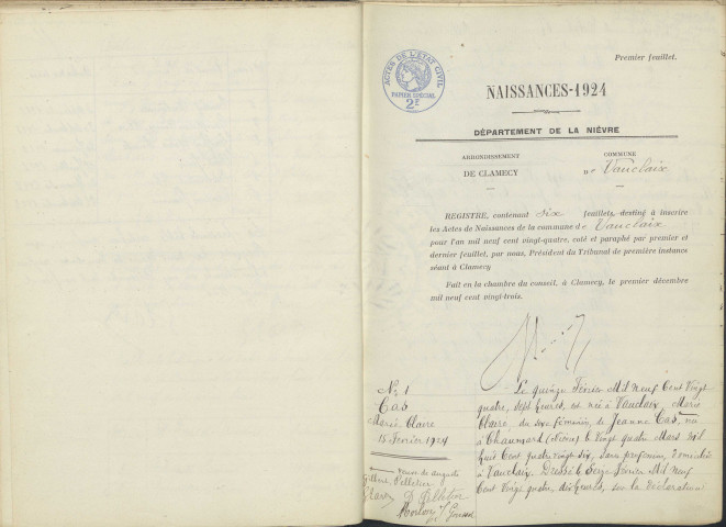 Vauclaix : actes d'état civil.