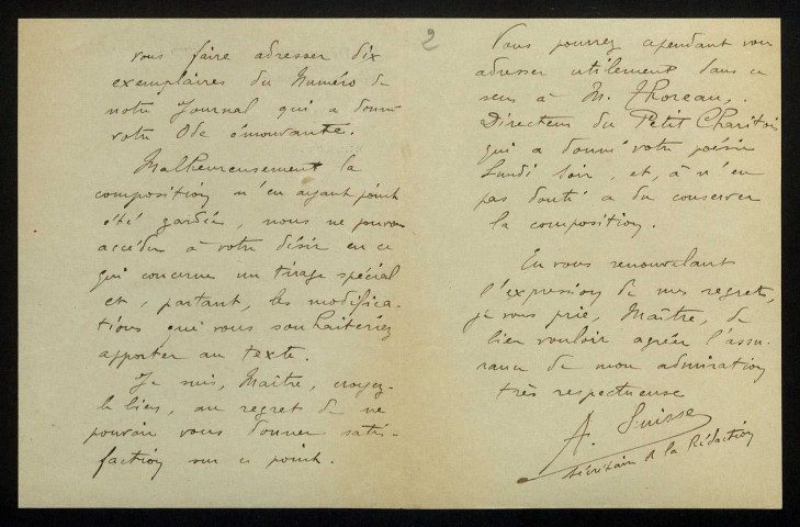 SUISSE (A.), publiciste à Nevers : 2 lettres.