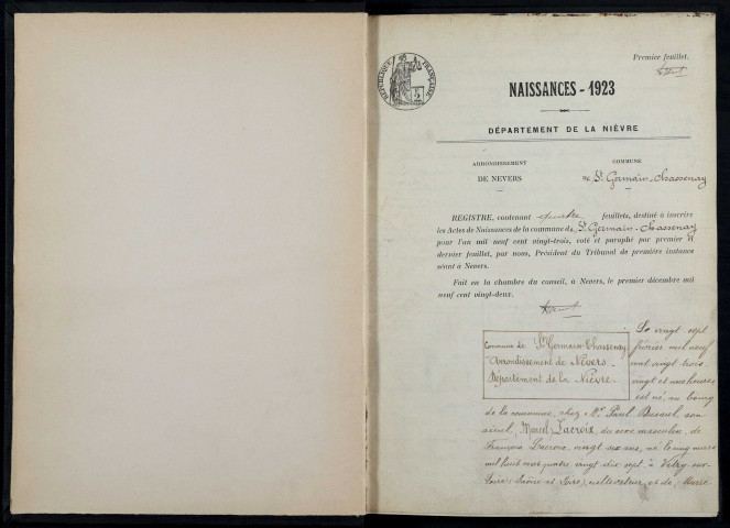 Saint-Germain-Chassenay : actes d'état civil.