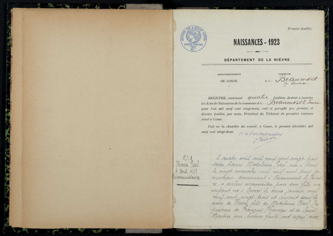 Beaumont-la-Ferrière : actes d'état civil.