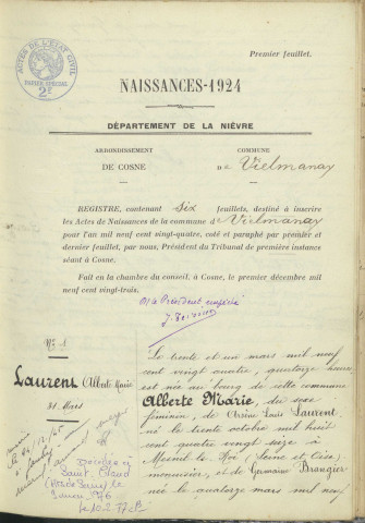 Vielmanay : actes d'état civil.