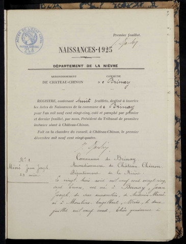 Brinay : actes d'état civil.