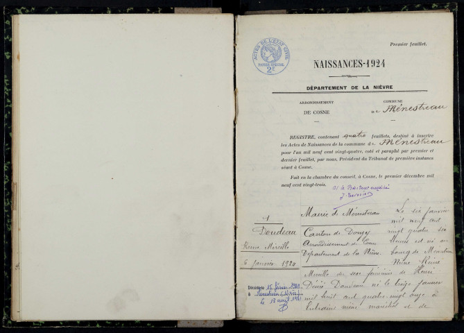Menestreau : actes d'état civil.