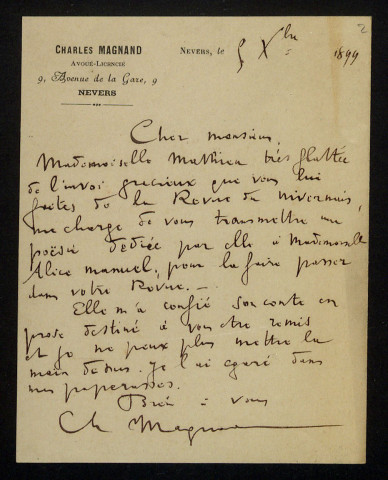 MAGNAND (Charles), avoué à Nevers (1864-1929) : 2 lettres.
