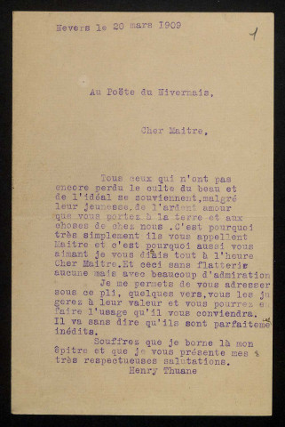 THUANE (Henri), poète à Nevers : 1 lettre, 1 texte imprimé.
