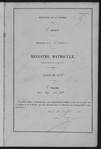 Bureau de Cosne, classe 1883 : fiches matricules n° 497 à 988