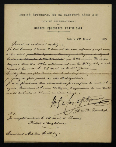 CAIX DE SAINT-AYMOUR, (vicomte de), membre du Comité international des Ordres équestres pontificaux : 2 lettres.