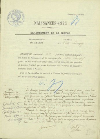 Ville-Langy : actes d'état civil.