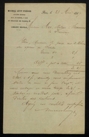 LÉVY (Michel), libraire éditeur (1821-1875) : 3 lettres.
