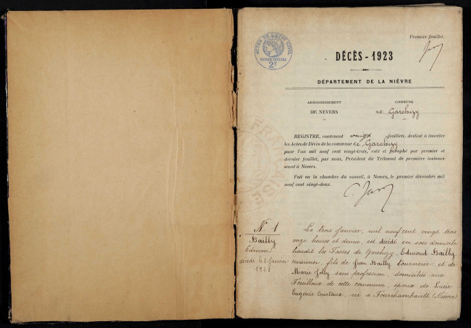 Garchizy : actes d'état civil (décès).