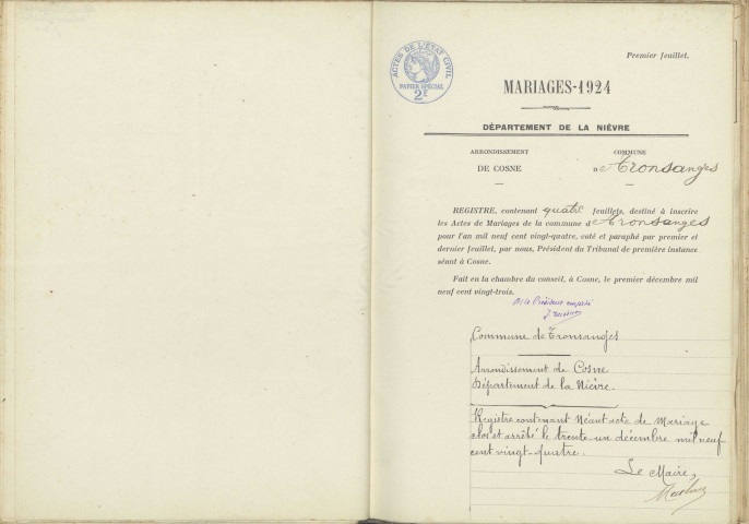 Tronsanges : actes d'état civil.
