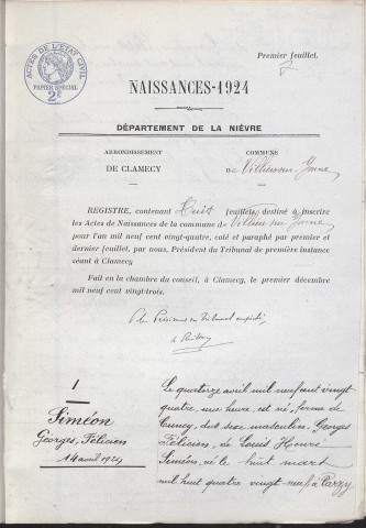 Villiers-sur-Yonne : actes d'état civil.