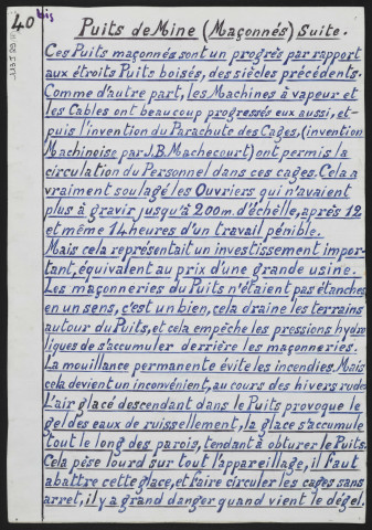 Equipement d'un puits maçonné au moment de l'invention du parachute de mine.