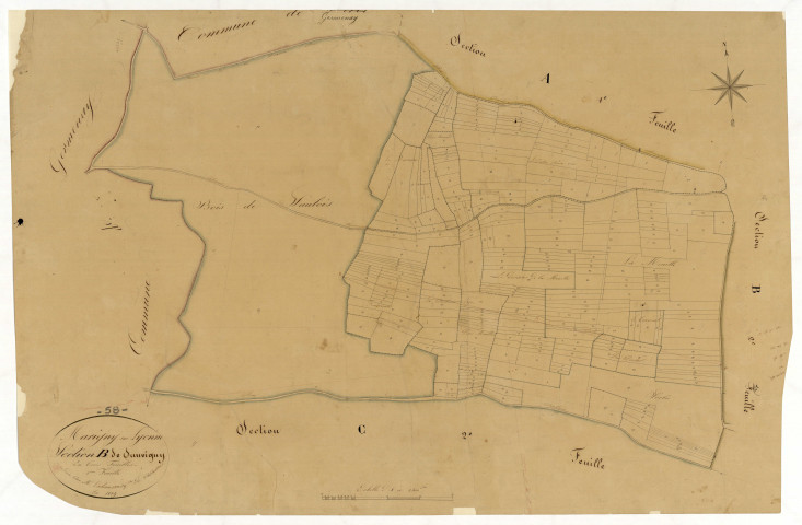 Marigny-sur-Yonne, cadastre ancien : plan parcellaire de la section B dite de Sauvigny, feuille 1