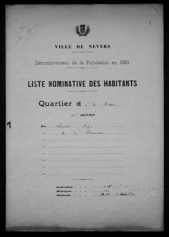 Nevers, Quartier de la Barre, 12e section : recensement de 1931