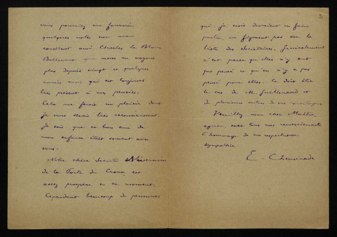 CHEMINADE (Emmanuel), publiciste à Nevers (décédé en 1928) : 4 lettres.