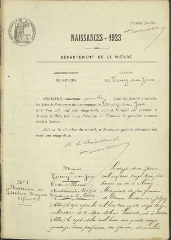 Toury-sur-Jour : actes d'état civil.