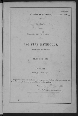 Bureau de Cosne, classe 1886 : fiches matricules n° 971 à 1470